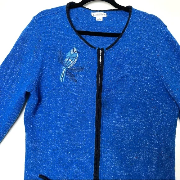 Grannycore Kitschy Blue Jay Embroidered Cottagecore Shimmer Knit Cardigan - Picture 2 of 12